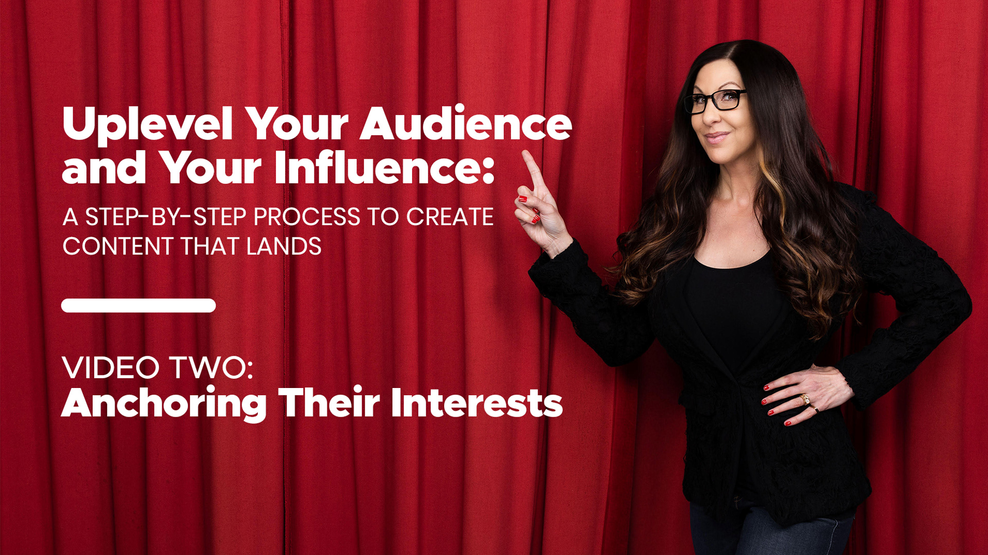 A woman in a black top poses in front of a red curtain, promoting content creation strategies with text highlighting a video tutorial.