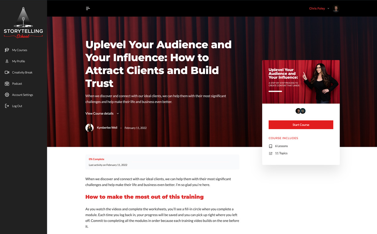 A course page featuring a title about audience influence, with options like 'Start Course' and additional details on navigating training modules.