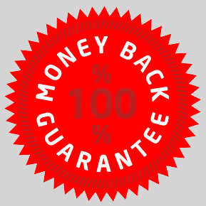 A red circular badge with text stating '100% MONEY BACK GUARANTEE' in bold white font on a gray background.
