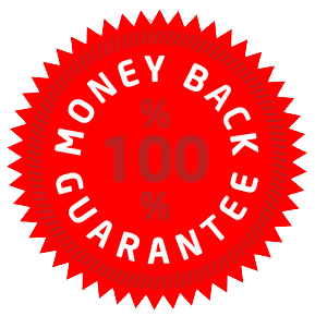 A bright red seal featuring bold white text that states "100% MONEY BACK GUARANTEE," emphasizing trust and assurance in a product or service.