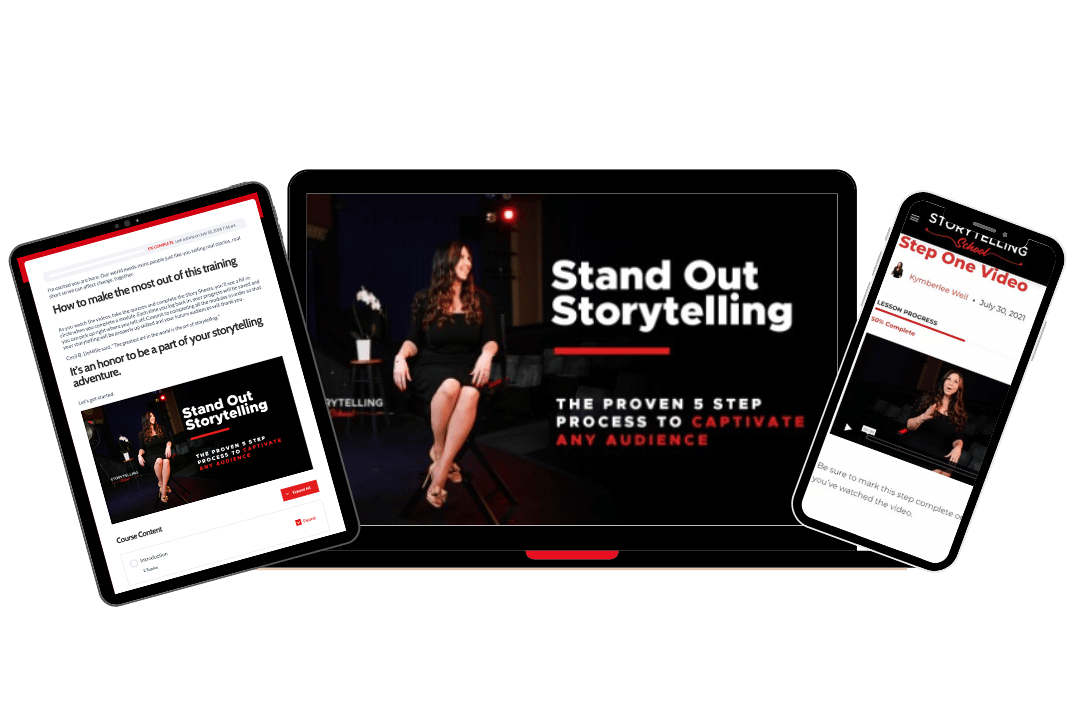 The image showcases a digital training course titled "Stand Out Storytelling," displayed on multiple devices, featuring a woman seated, promoting storytelling techniques to engage audiences effectively.
