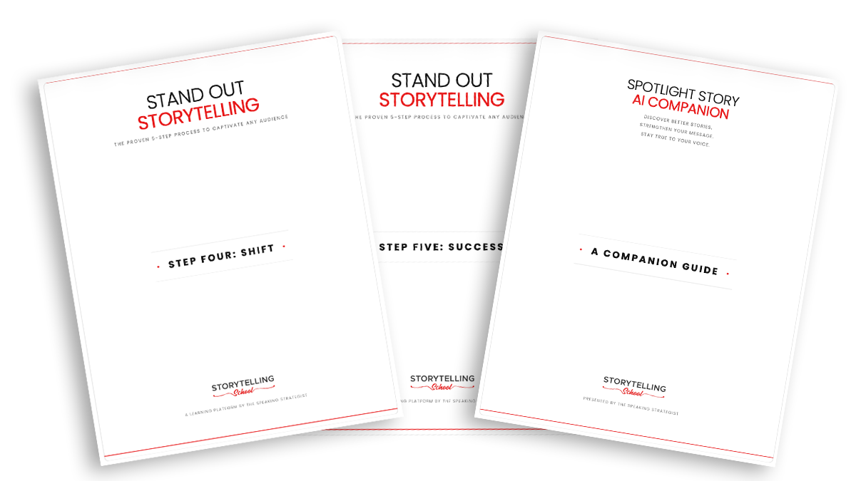 The image displays three booklets titled "Stand Out Storytelling" and "Spotlight Story AI Companion," showcasing steps and guidance for effective storytelling techniques.