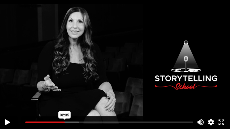 A woman with long hair sits in an auditorium, speaking to the camera. The image features the logo of "Storytelling School" alongside a video player interface.